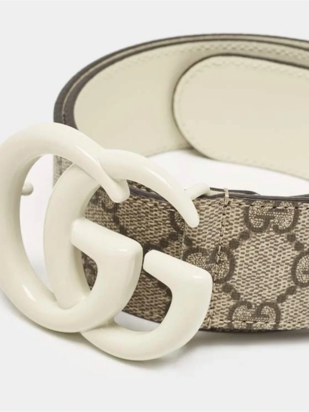Gucci Beige GG Monogram Canvas Belt with White Double G Buckle